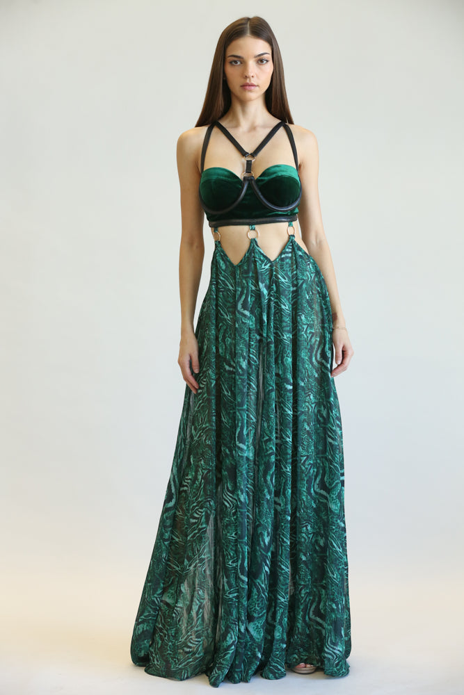 Green cheetah chiffon skirt flowing elegantly