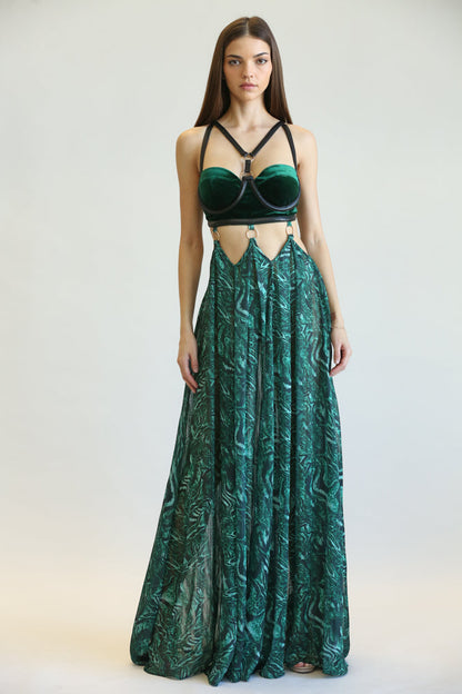 Green cheetah chiffon skirt flowing elegantly