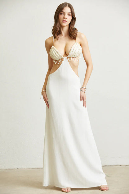 Shell Cascade Maxi Dress with Lurex chiffon and genuine shell top