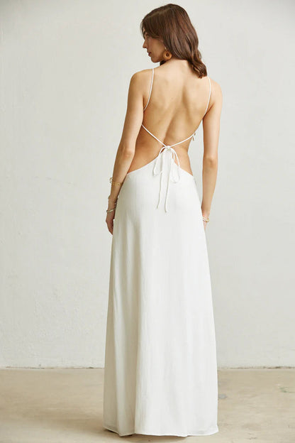 Bare back maxi dress with waist cutouts and flowing A-line skirt