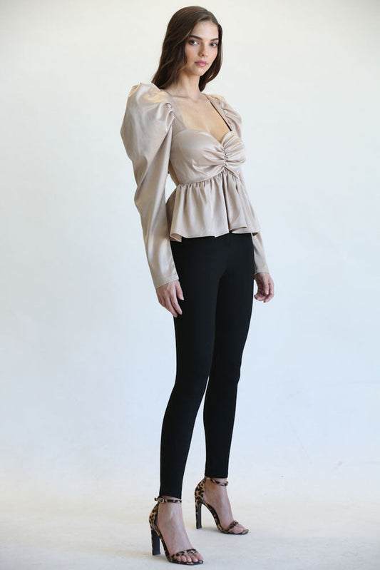 Side Profile of Luxe Satin Peplum Blouse