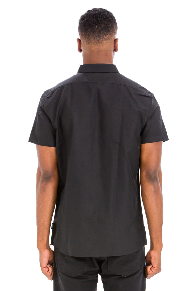 Back view of signature short sleeve cotton blend shirt