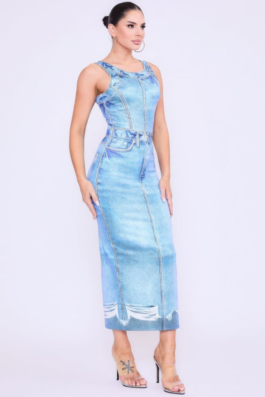 Side View of Stretch Knit Denim Print Dress