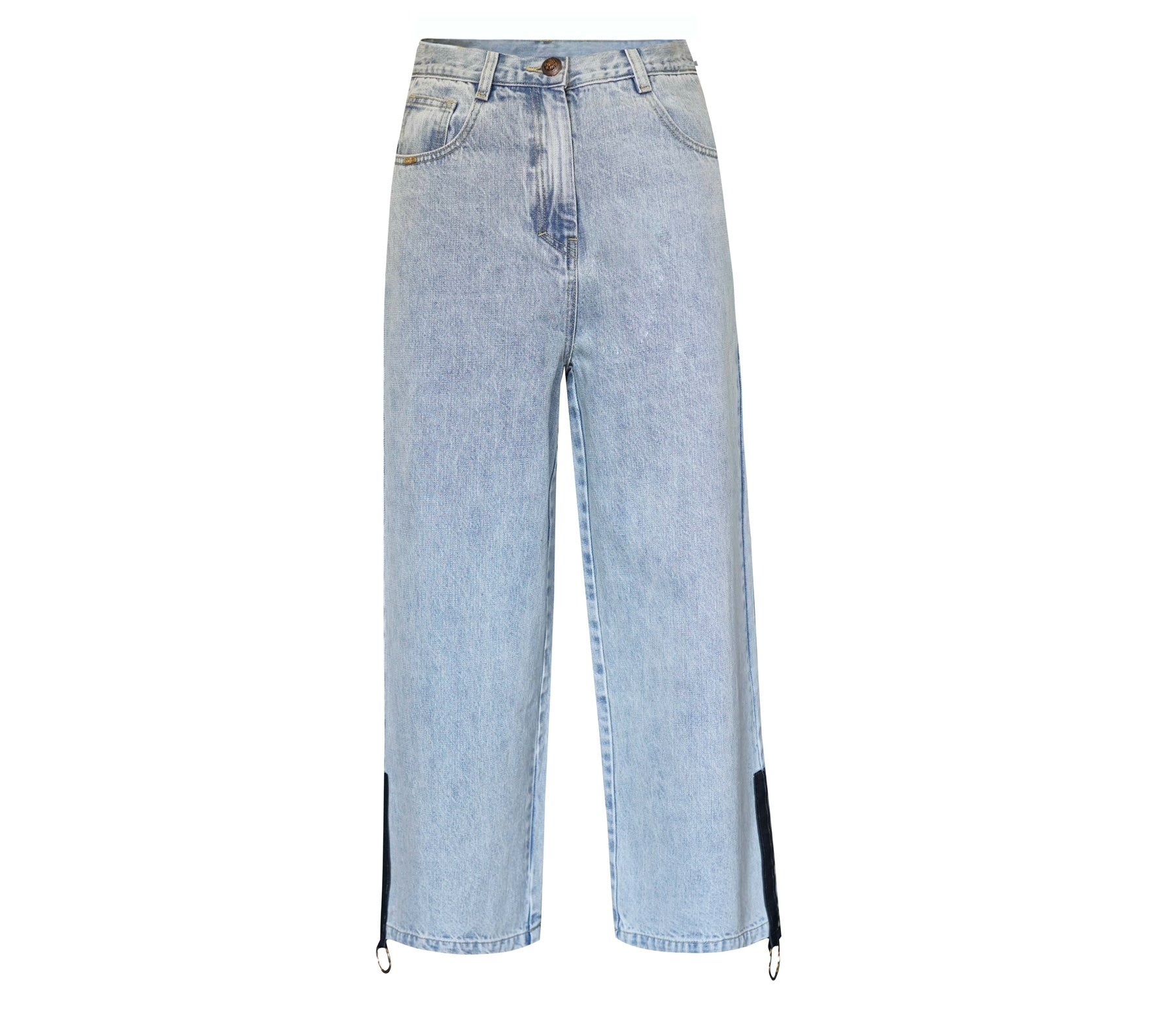 Full-length straight leg jeans with mid-rise and zipper detail