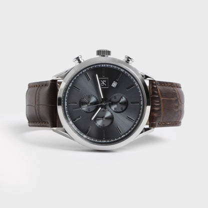 Chronograph leather band watch styled with a suit