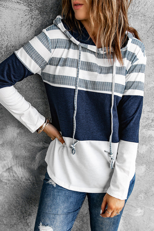 White color block hoodie front view on model