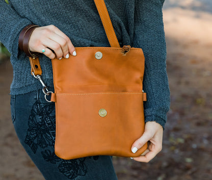 Artisan crossbody clutch made with real American leather