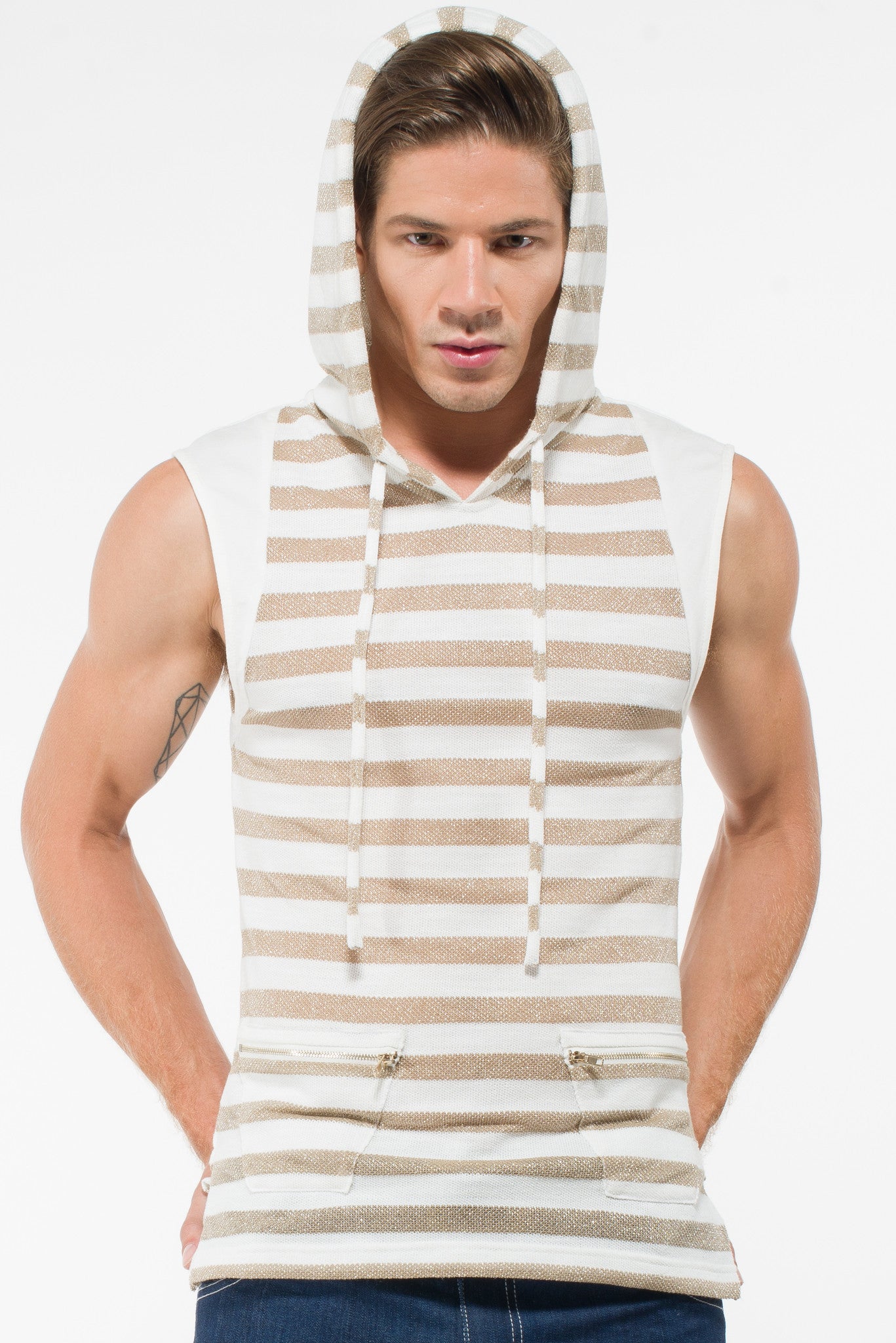Front view of sleeveless hoodie with gold zippers – urban streetwear