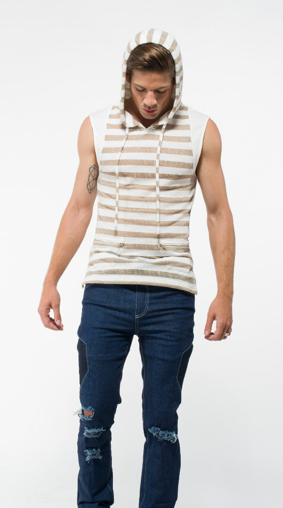 Men’s sleeveless gold hoodie with white and gold two-tone design