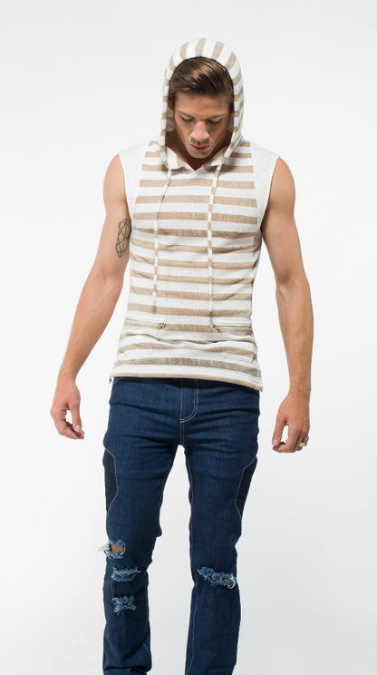 Men’s sleeveless gold hoodie with white and gold two-tone design