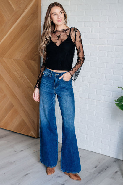 Lace layering top on hanger – full fabric and fit detail