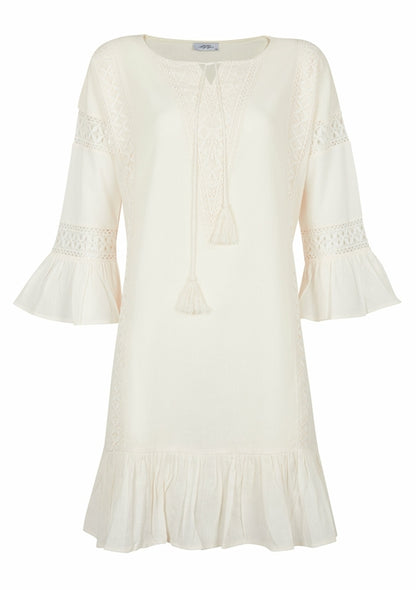 Natural cotton dress with breezy sleeves on model