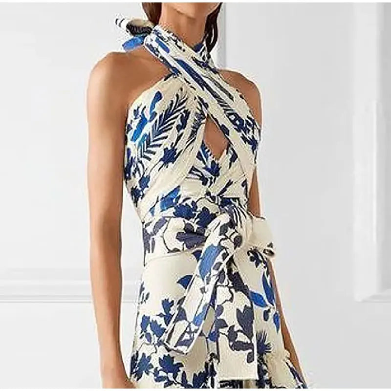 Side View of Neck-Tied Ruffle Hem Dress