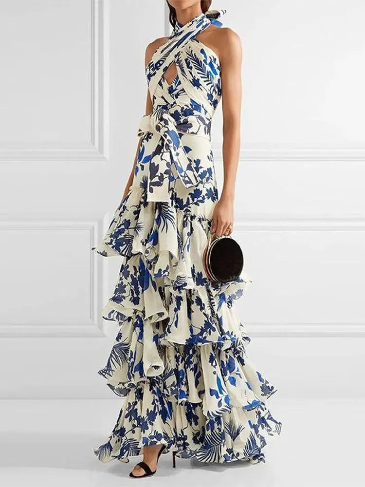 Elegant Printed Sleeveless Vestidos Dress with Ruffled Hem