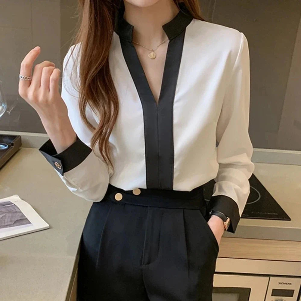 Model wearing regular-fit white Korean blouse