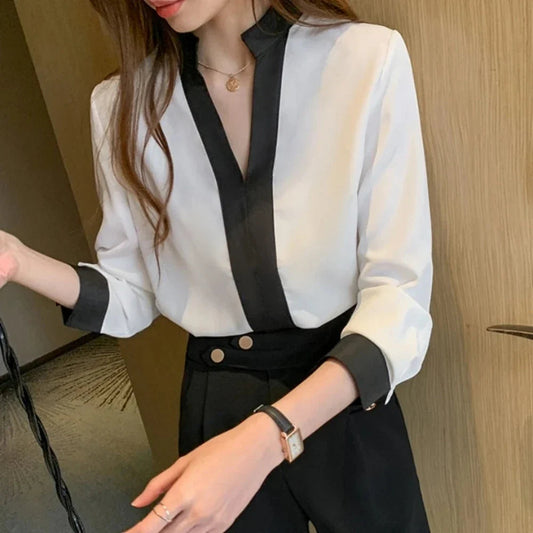 Front view of Korean-style stand collar white blouse
