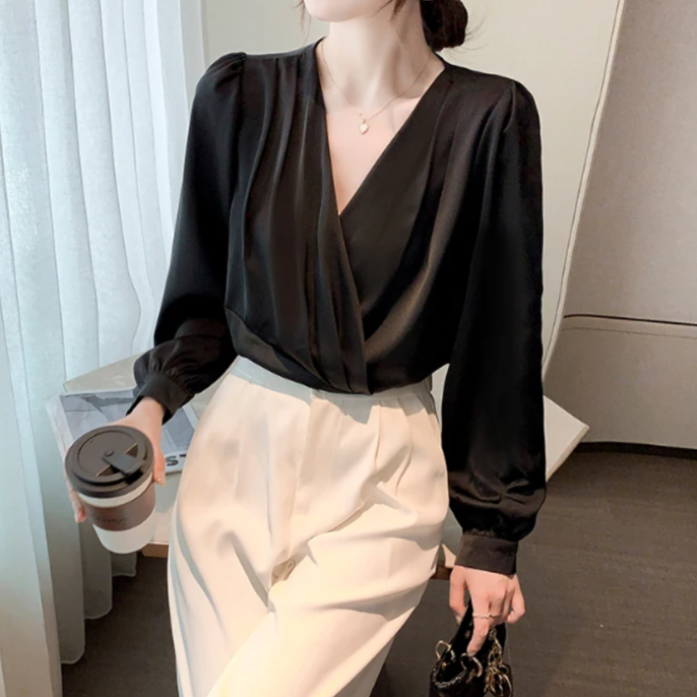 Khaki chiffon blouse with loose fit and longer back hem