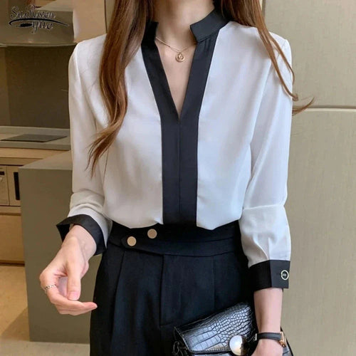 Chiffon stand collar blouse paired with slacks