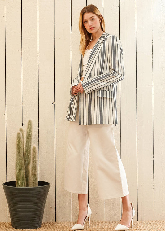 Blue and White Striped Tweed Blazer for Women