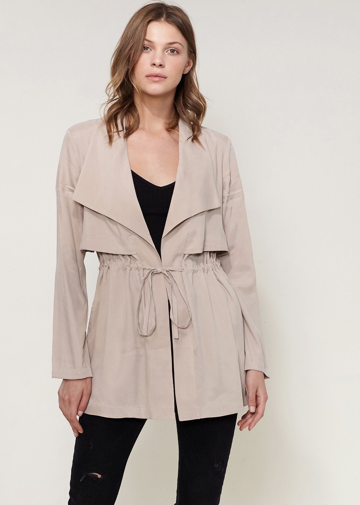 Wide Collar Jacket in Taupe with Adjustable Waist