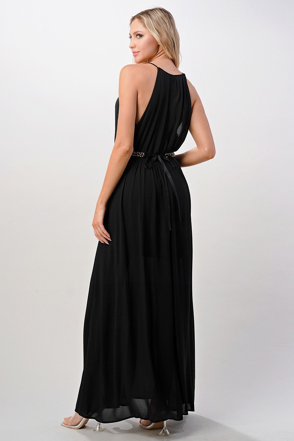Back and Side View of Halter Neck Pleated Maxi Dress
