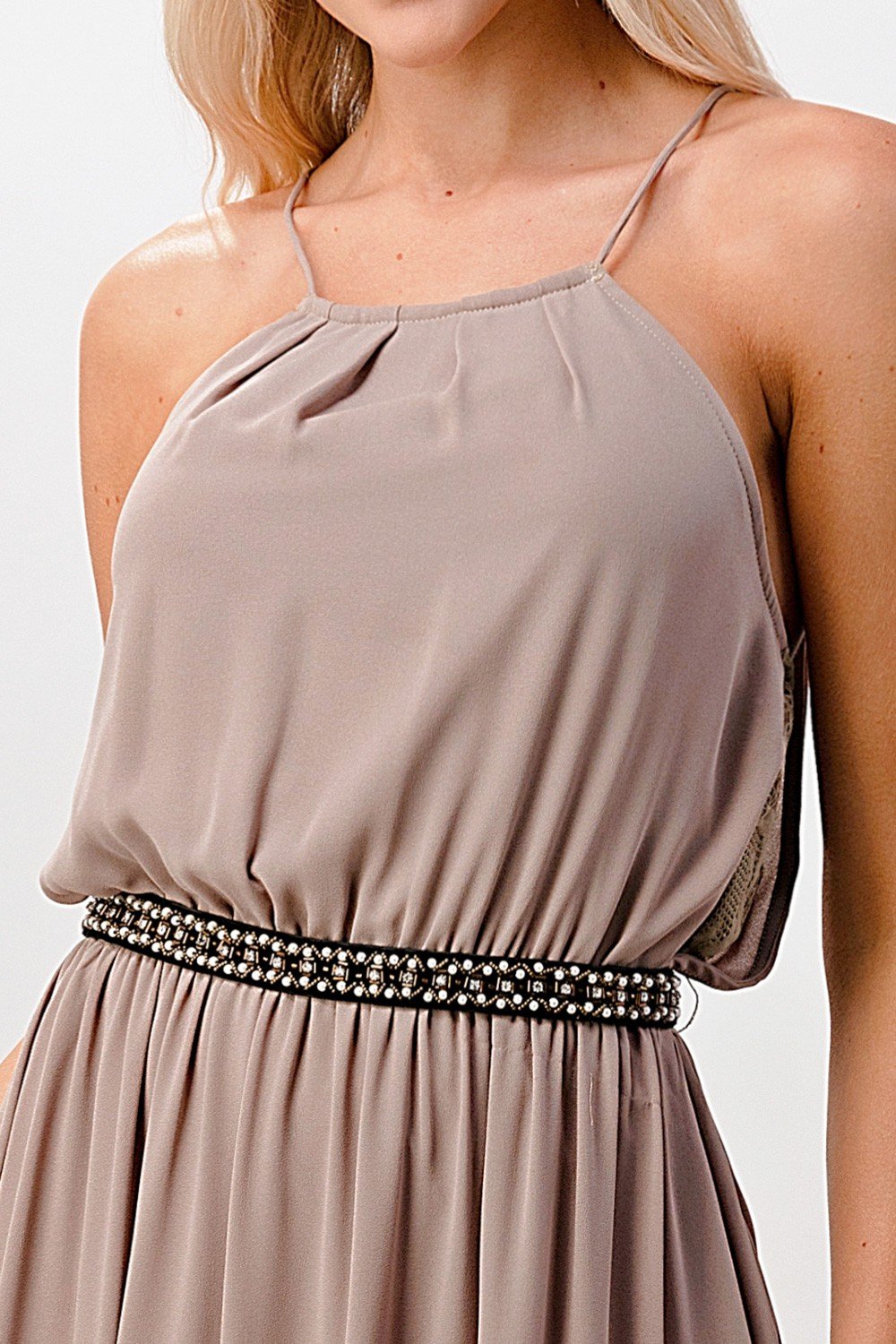 Formal Halter Dress Modeled with Soft Waves and Heels