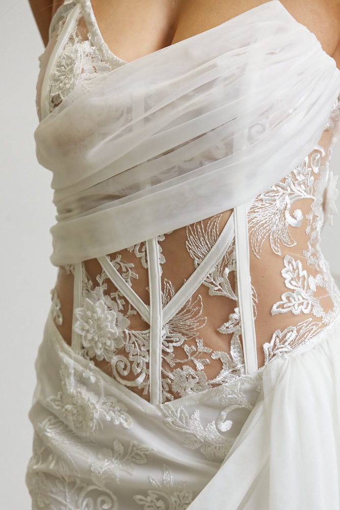  ruched chiffon skirt, and corset waist