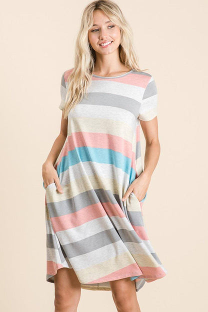BOMBOM Striped Short Sleeve Dress Front View