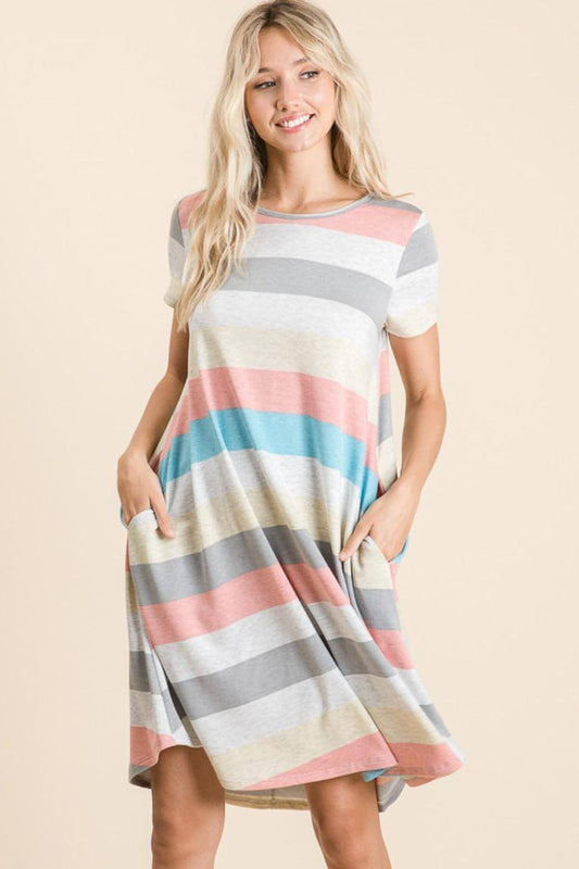 BOMBOM Striped Short Sleeve Dress Front View