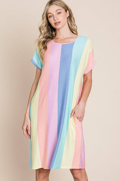 BOMBOM striped dress front view with functional pockets