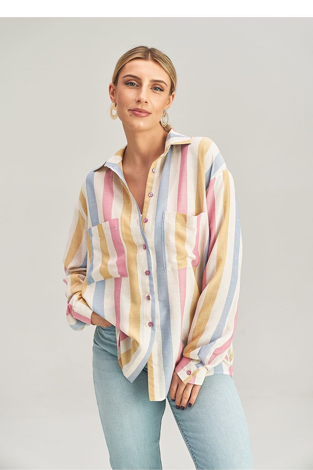 High-low loose shirt for women – long sleeves and stylish front closure