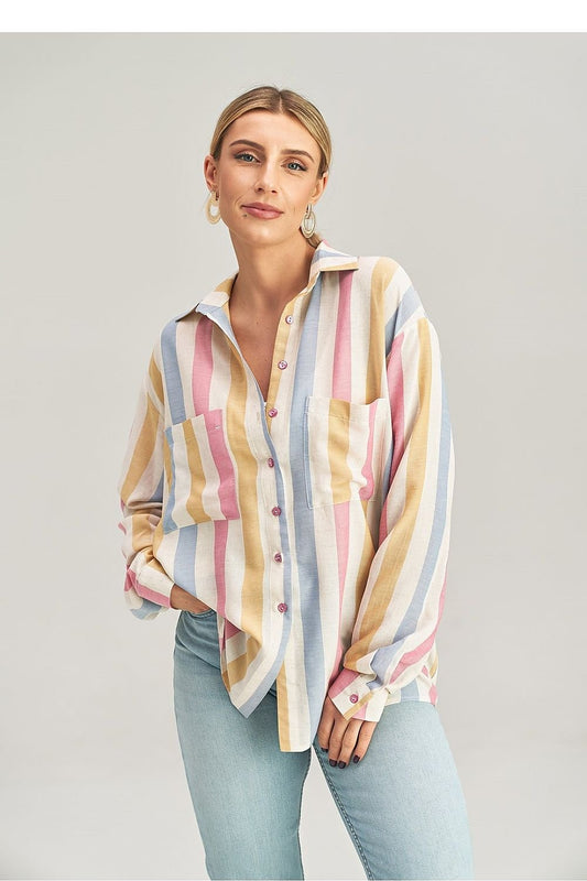 High-low loose shirt for women – long sleeves and stylish front closure