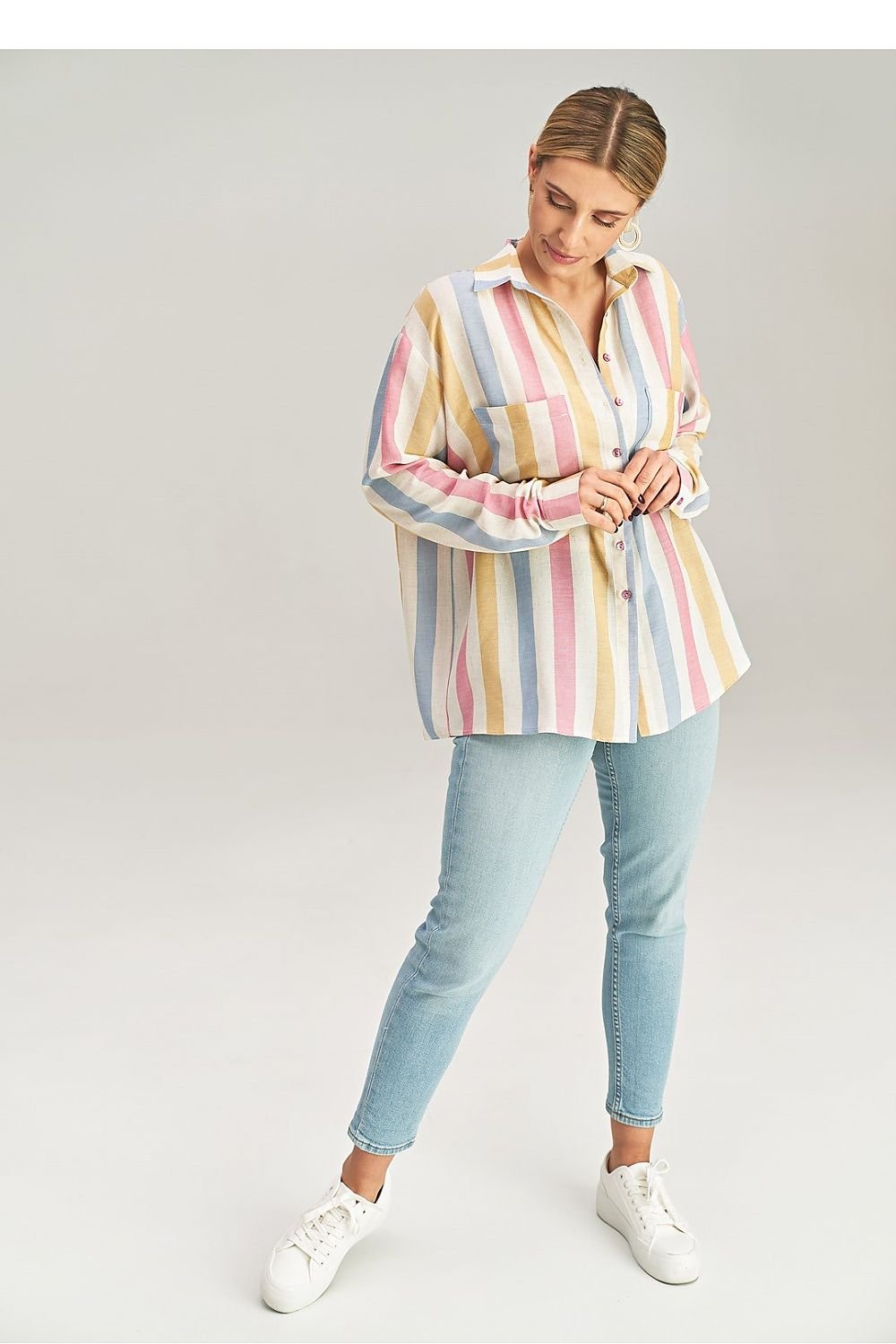 Front view of long sleeve button-up shirt with pockets – Figl women’s top