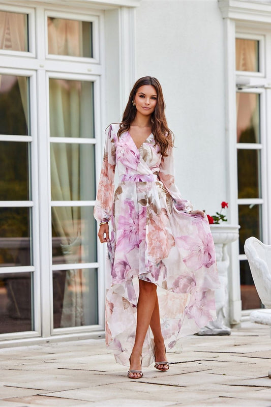 Asymmetric maxi daydress with draped neckline and puff sleeves – Roco Fashion