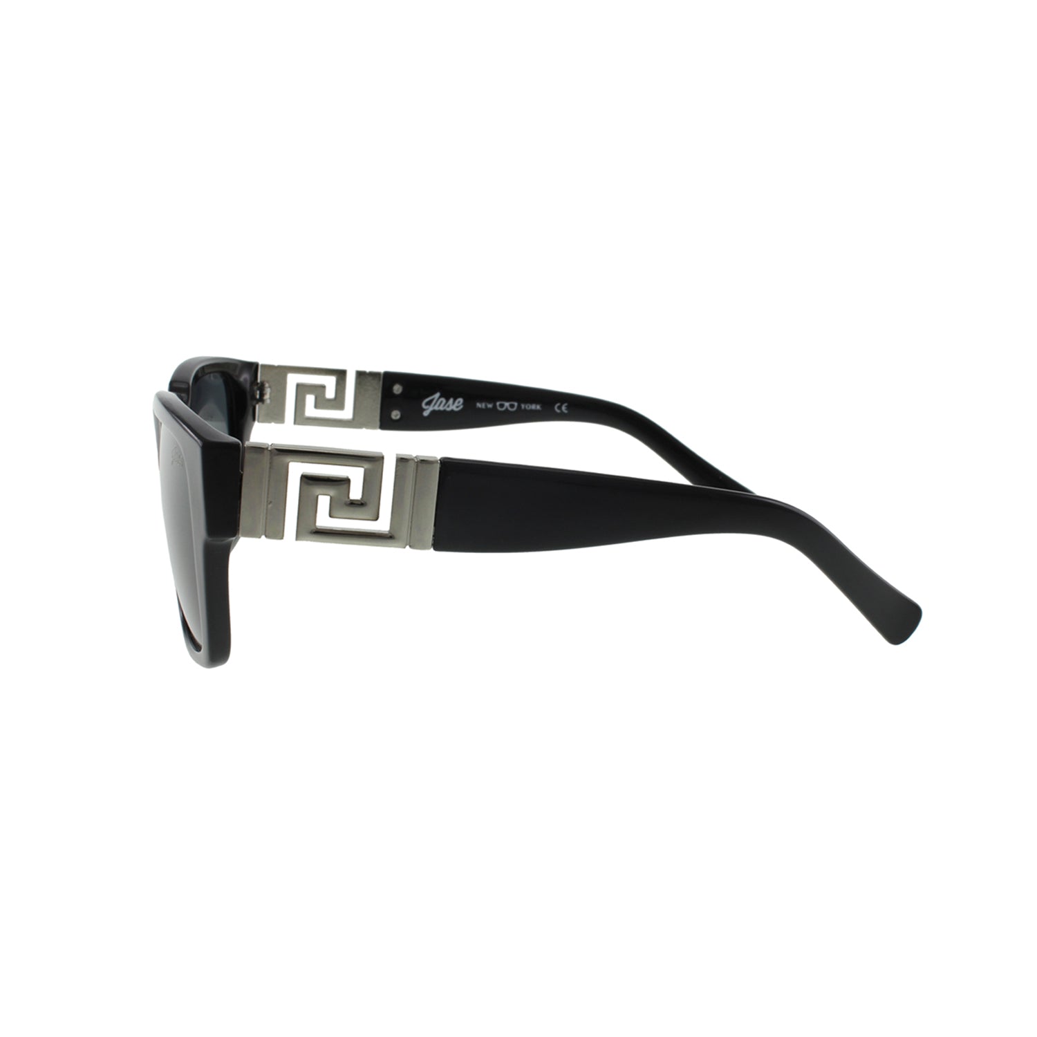 Side view showing metal Greek key design on temple arms