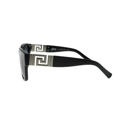 Side view showing metal Greek key design on temple arms
