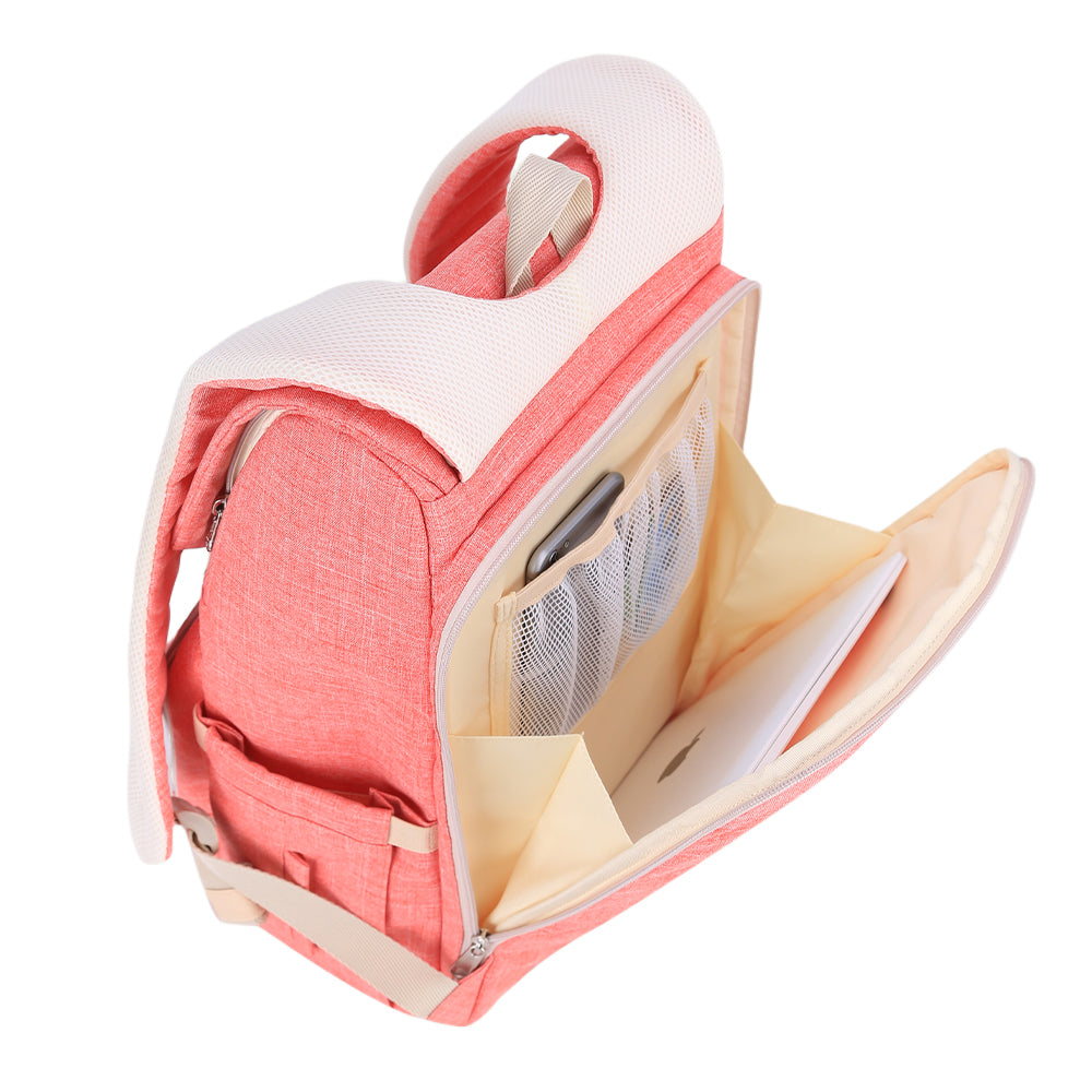 Open diaper bag showing insulated bottle pockets and organizer layout