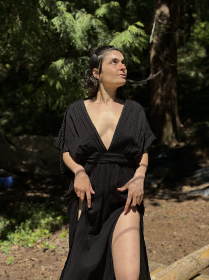 Woman wearing Boho Cotton Slit Summer Maxi Dress outdoors