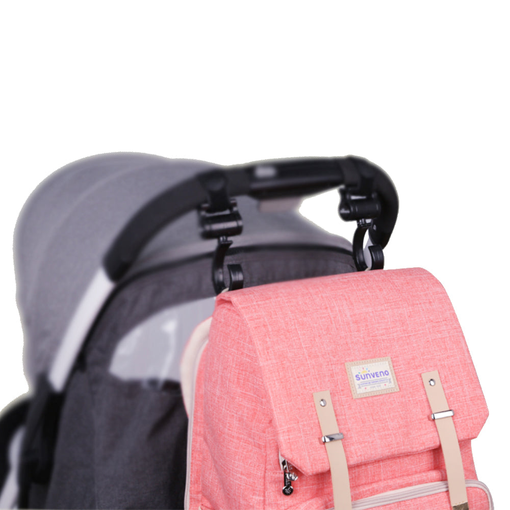 Trendy diaper backpack in stroller-ready configuration