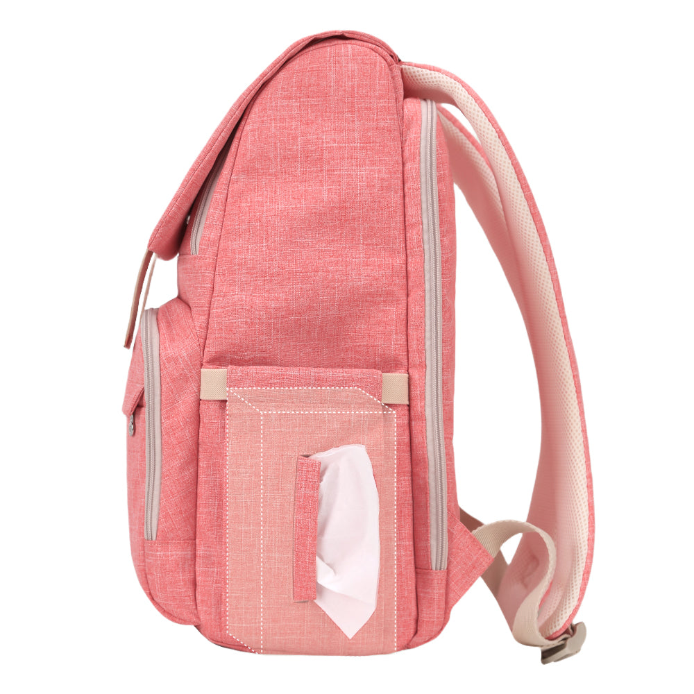 Side profile of gender-neutral travel diaper bag with zip compartments