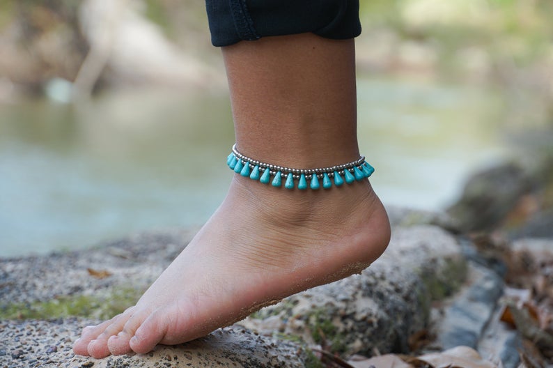 Turquoise teardrop boho anklet with silver and cotton strands

