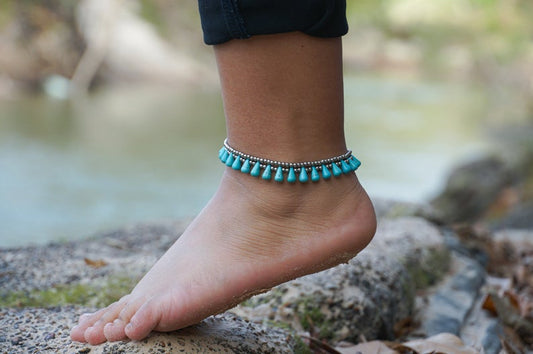 Turquoise teardrop boho anklet with silver and cotton strands

