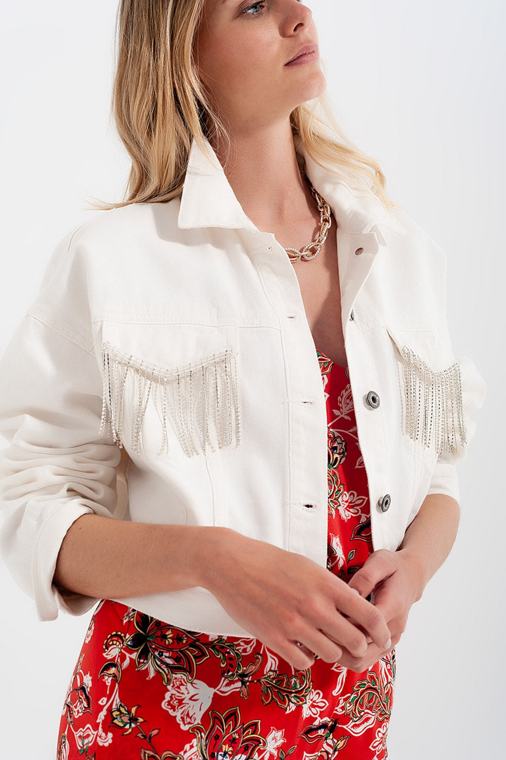 White denim jacket with diamante fringing and cropped fit – women’s casual outerwear