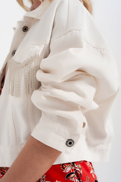 White cotton denim jacket with chest pockets and sparkle fringing