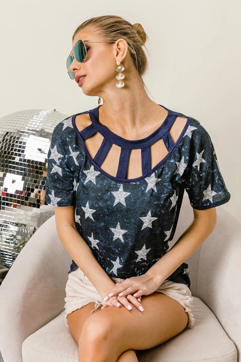 Close-Up of Caged Neck Detail on Star Print Top