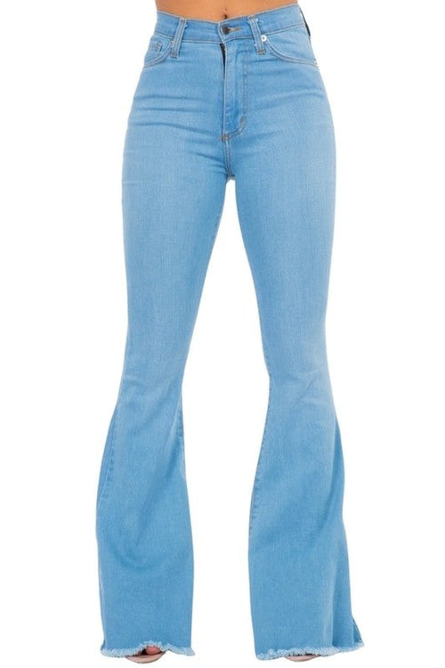 Light Wash Bell Bottom Jeans with Frayed Hem – Front View