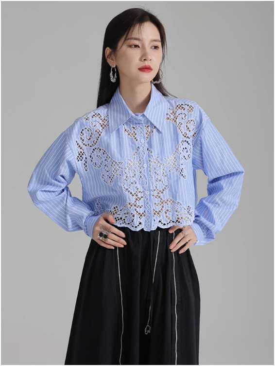 Sherrm Doiley Blue Crop Button-Up Front View