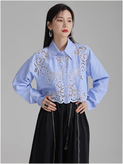 Sherrm Doiley Blue Crop Button-Up Front View