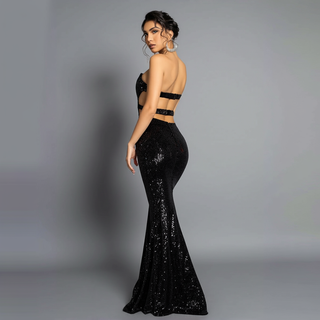 Back view of fitted sequin maxi gown – bold black formal look