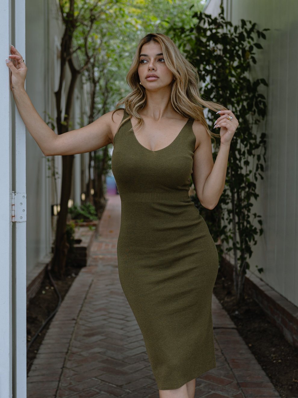 Uptown Knit Midi Dress – front view on model